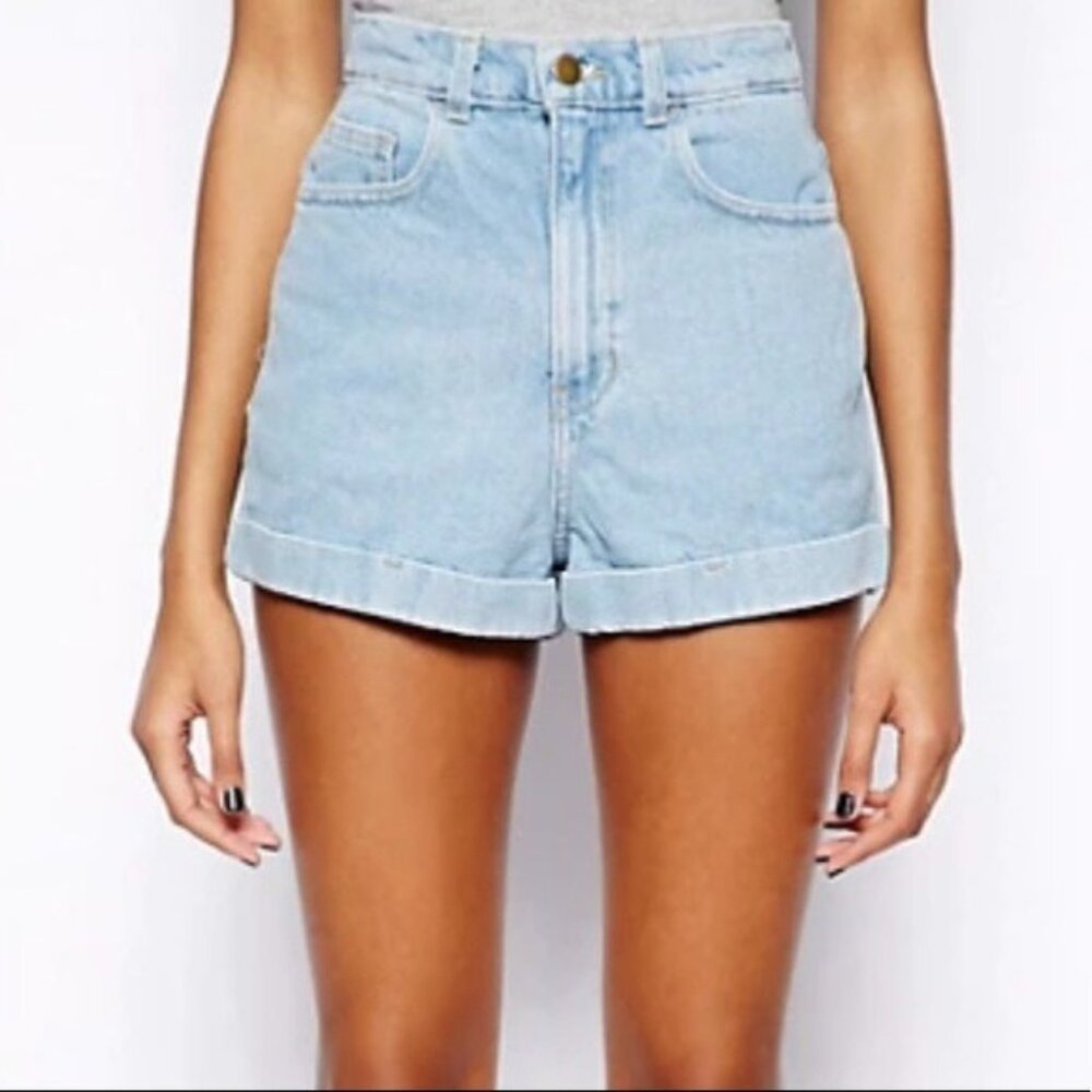American Apparel | High Waist LIGHT WASH Cuffed Denim Shorts | Sz 28